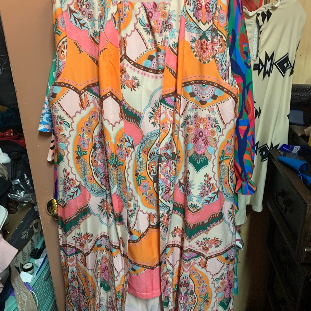 Multi colored print pants and cardigan